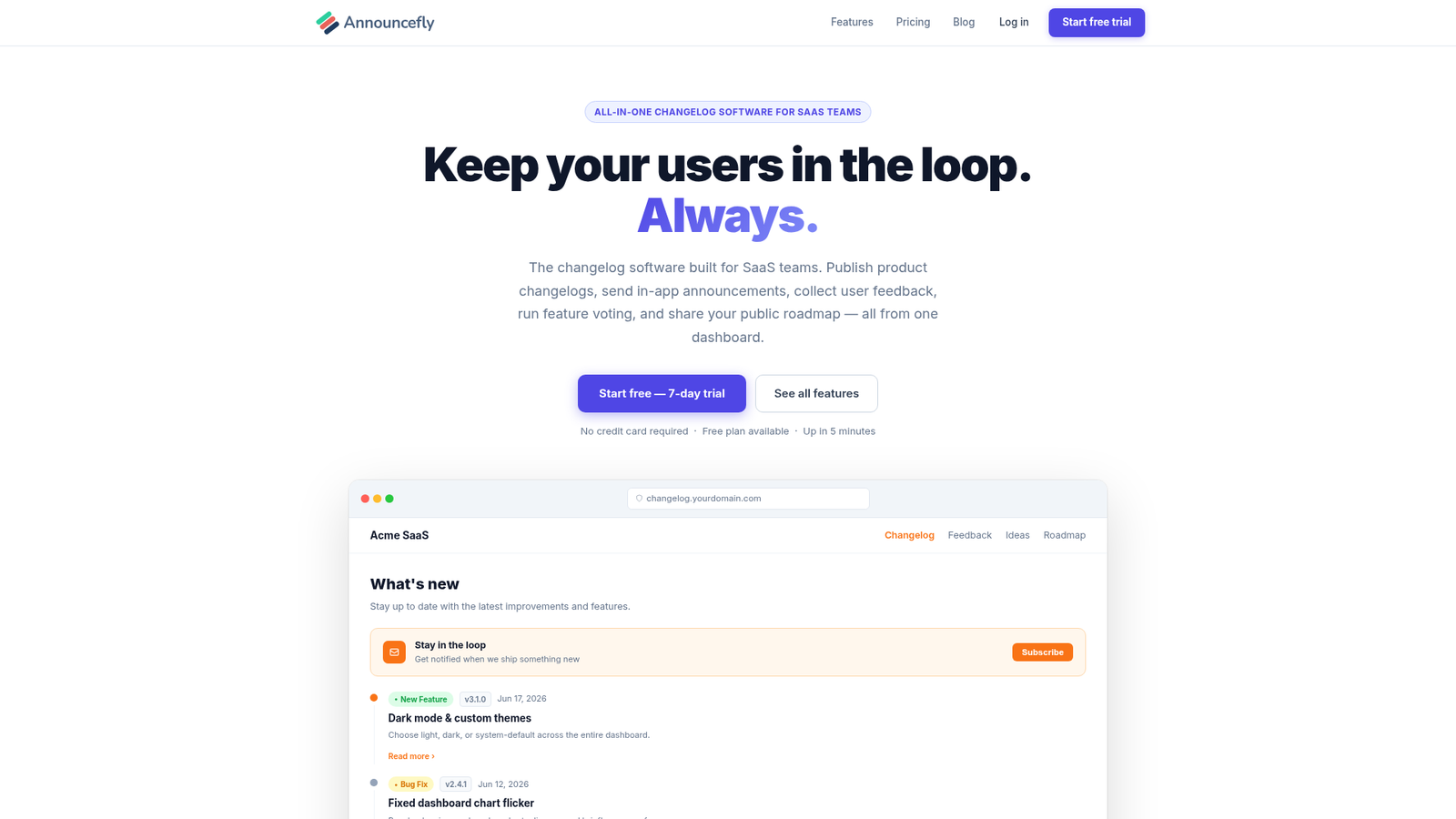 AnnounceFly homepage — changelog software for SaaS teams
